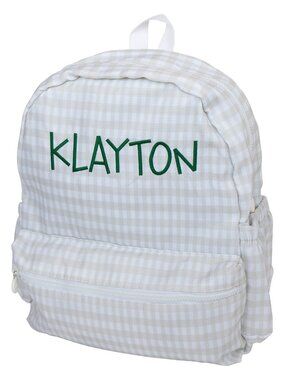 Khaki Gingham Nylon Backpack (Full Size) with Klayton in Green Stitching - NEW